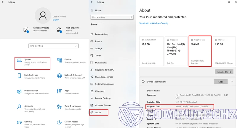 cách xem dung lượng card màn hình trên Windows Settiings